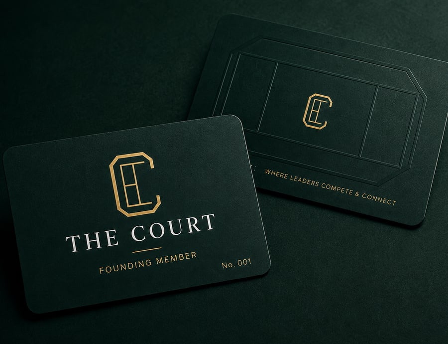 THE COURT Founding Member card, No. 001, gold foil on Court Green with the monogram set over an engraved court diagram